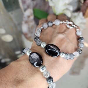 Hypersthene & Rutilated Quartz with Silver Accent Beads Bracelet